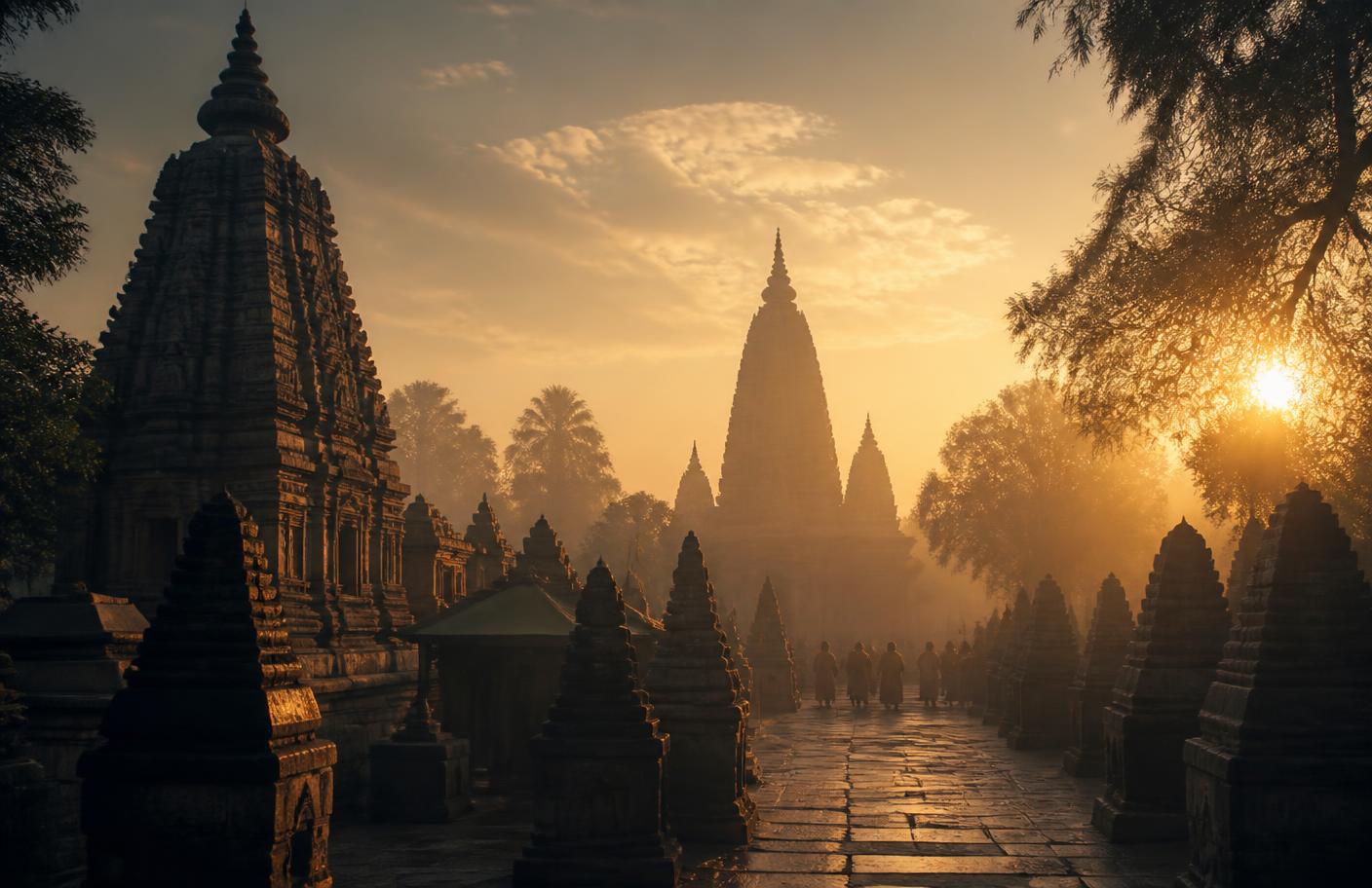Temple spires of Gaya, Bihar at sunrise