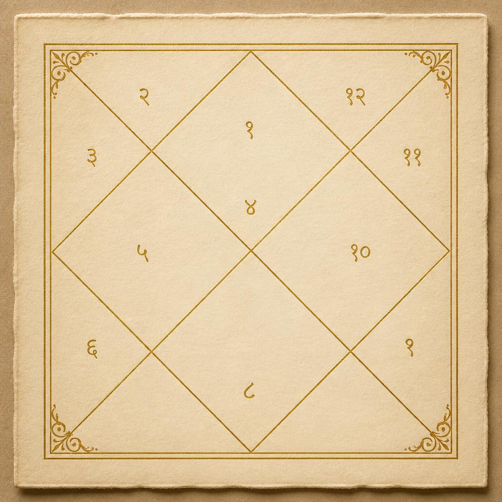 Traditional square Janam Patrika birth chart drawn in gold on ivory parchment